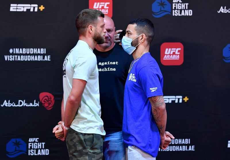 ABU DHABI, UNITED ARAB EMIRATES - JULY 14: (L-R) Opponents Calvin Kattar and Dan Ige face off during the UFC Fight Night weigh-in inside Flash Forum on UFC Fight Island on July 14, 2020 in Yas Island, Abu Dhabi, United Arab Emirates. (Photo by Jeff Bottari/Zuffa LLC via Getty Images)
