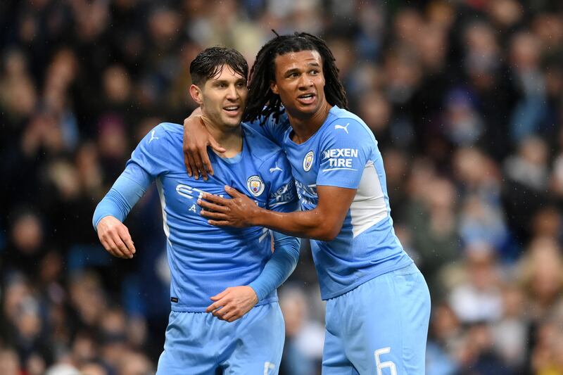 John Stones celebrates with Nathan Ake after scoring the second goal. Getty