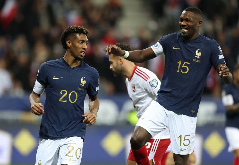 France's Kingsley Coman celebrates with Marcus Thuram. AP