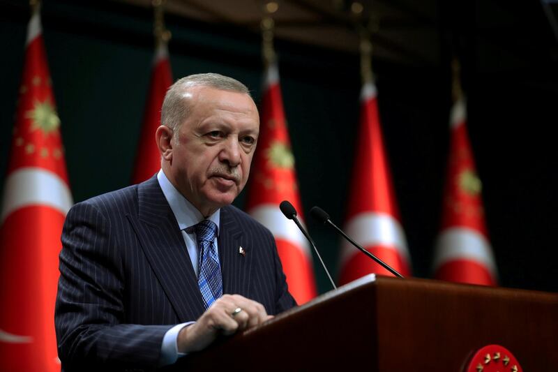 FILE PHOTO: Turkish President Tayyip Erdogan gives a statement after a cabinet meeting in Ankara, Turkey, May 17, 2021. Murat Cetinmuhurdar/PPO/Handout via REUTERS/File Photo