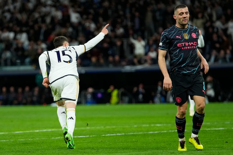 Federico Valverde celebrates scoring Real Madrid's third goal against Manchester City. AP