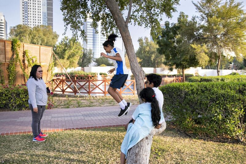 ABU DHABI, UNITED ARAB EMIRATES - JANUARY 16, 2019.

Kids playing at Heritage park on the corniche.

(Photo by Reem Mohammed/The National)

Reporter: 
Section:  NA