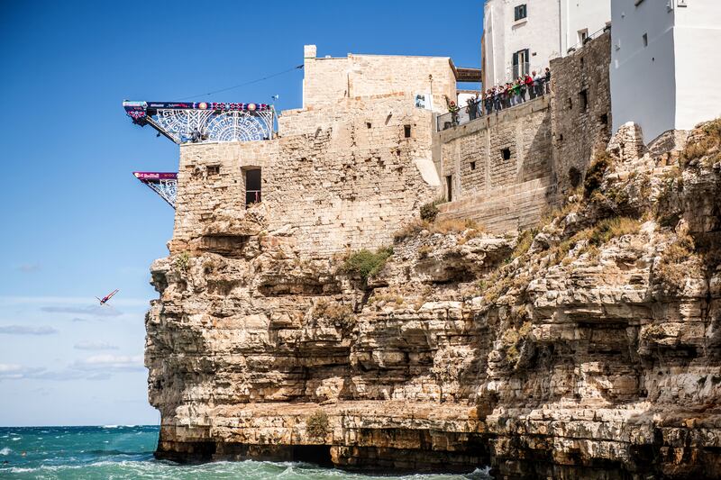 Yana Nestsiarava of Belarus competing in the Red Bull Cliff Diving World Series at Polignano a Mare, Italy on Wednesday, September 22. Getty
