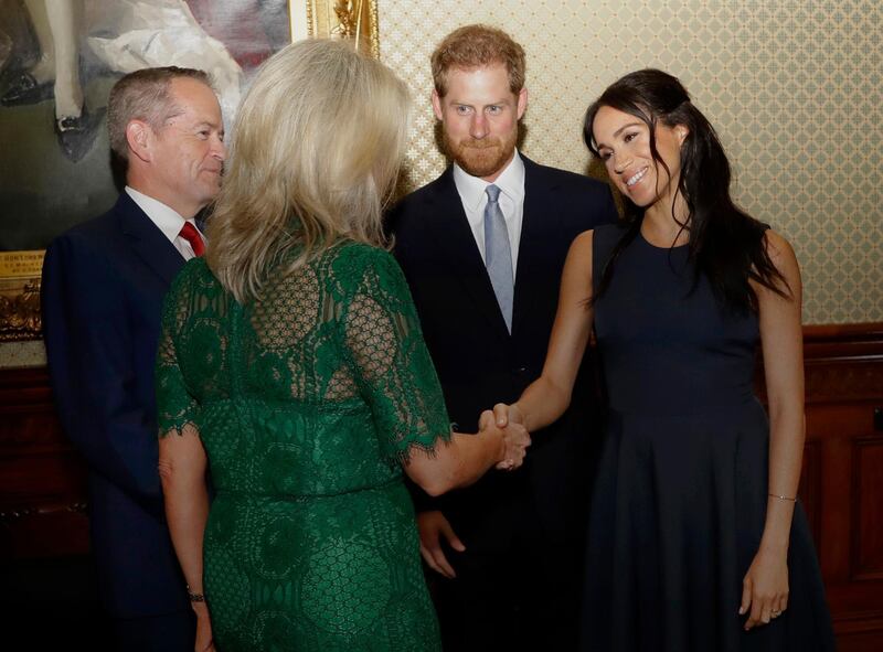 Prince Harry and Meghan meet leader of the opposition Bill Shorten and his wife Chloe Bryce, at Admiralty House in Sydney. AP Photo