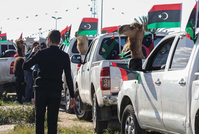 Camels dressed in Libyan national flags are seen in the back of trucks also flying flags amidst preparations a day ahead of the ninth anniversary of the uprising against former Libyan leader Moamer Kadhafi, in the capital Tripoli.   AFP