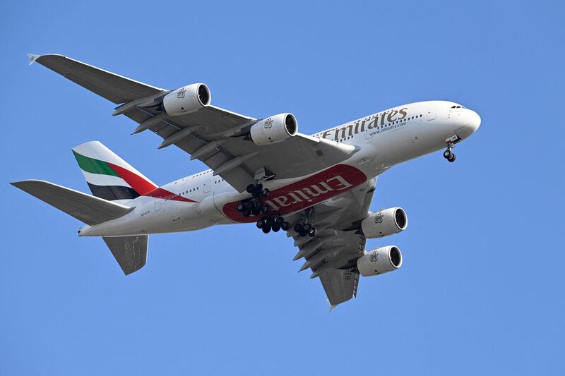 Emirates' Airbus A3800-800 airliner approaches Heathrow Airport, on the outskirts of London. AFP