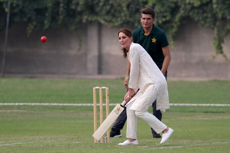 Catherine, Duchess of Cambridge plays cricket during her visit of the National Cricket Academy during day four of their royal tour of Pakistan on Thursday, October 17, 2019 in Lahore, Pakistan. Getty Images