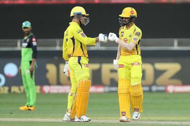 MS Dhoni captain of Chennai Superkings and Ruturaj Gaikwad of Chennai Superkings during match 44 of season 13 of the Dream 11 Indian Premier League (IPL) between the Royal Challengers Bangalore and the Chennai Super Kings held at the Dubai International Cricket Stadium, Dubai in the United Arab Emirates on the 25th October 2020. Photo by: Ron Gaunt / Sportzpics for BCCI