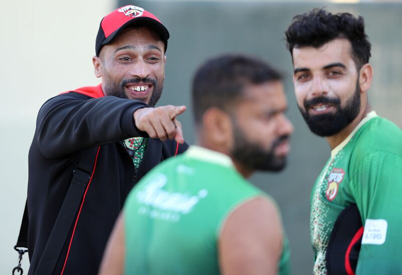Mohammad Amir, left, and Shadab Khan chat during a Desert Vipers training session at ICC Academy in Dubai. All photos Chris Whiteoak / The National