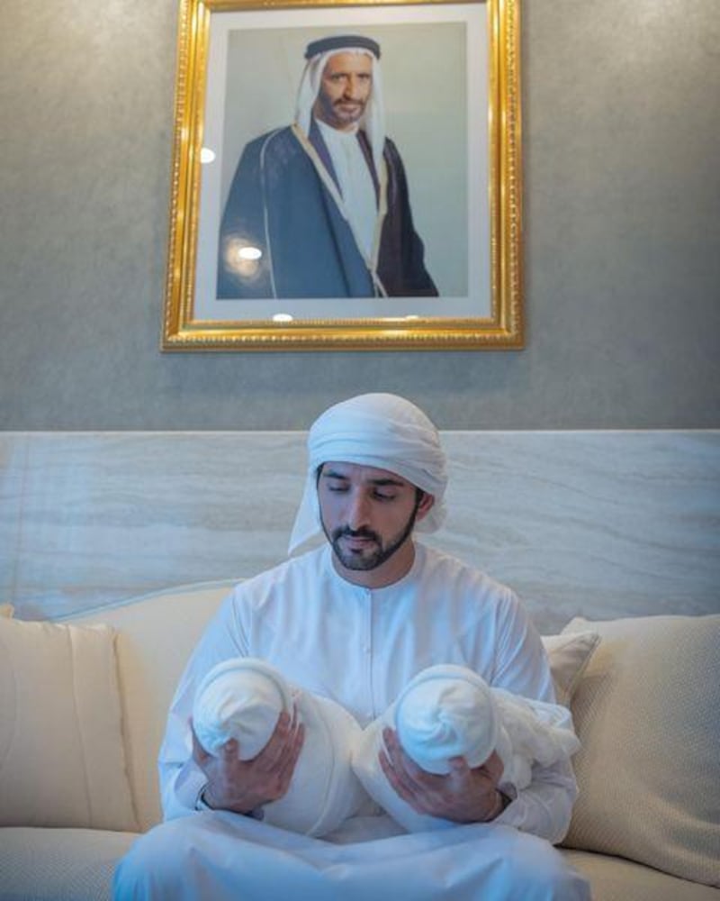 The Crown Prince of Dubai Sheikh Hamdan bin Mohammed holding his newborns. Sheikh Hamdan bin Mohammed / Instagram