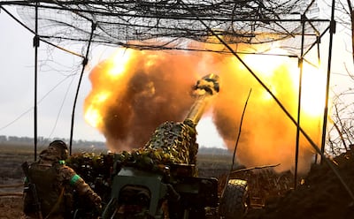 Ukrainian soldiers fire artillery towards the front line during heavy fighting near Bakhmut. Reuters