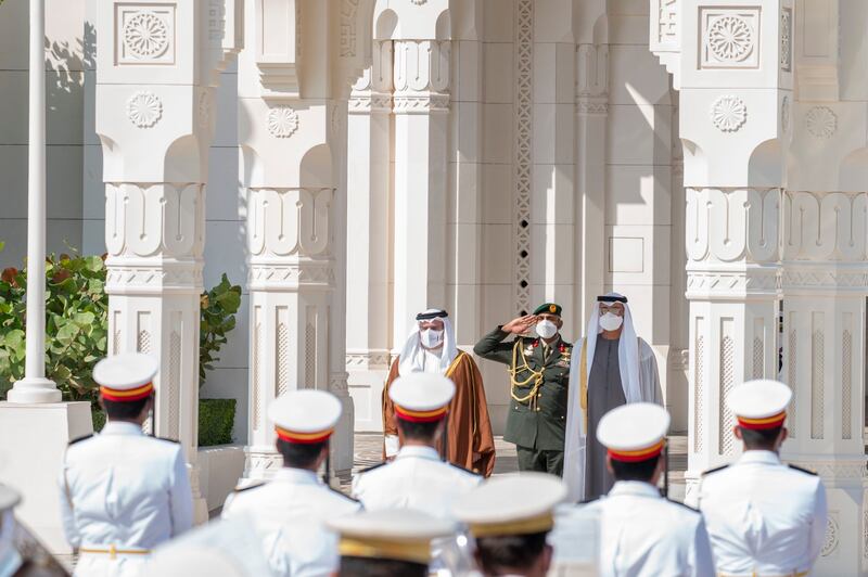 Crown Prince Salman was afforded an official reception at Qasr Al Watan in Abu Dhabi.