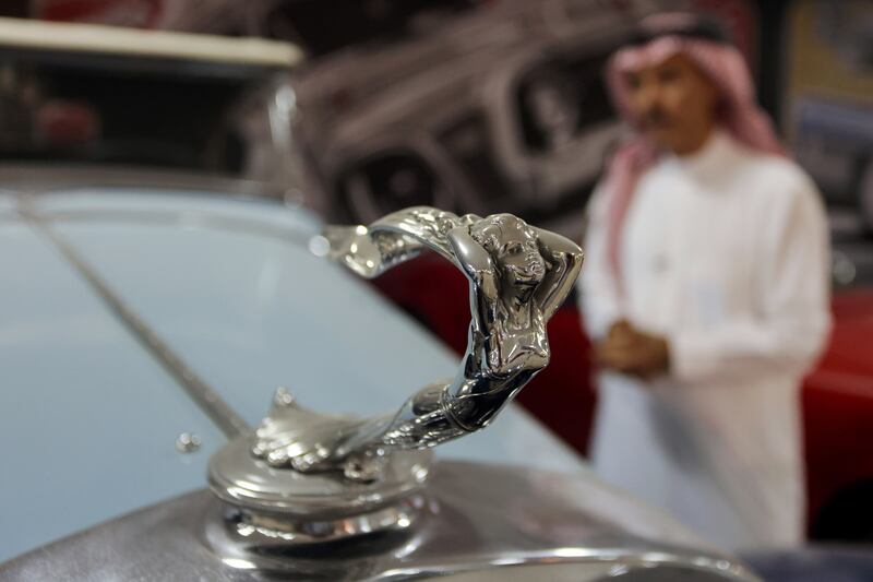 A distinctive bonnet ornament on one of Nasser Al Masari's vintage cars.