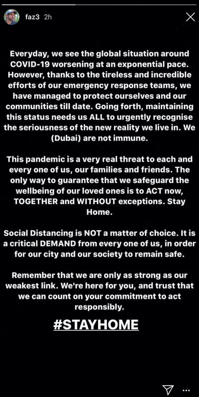 Sheikh Hamdan‚Äôs Instagram / Instastory message regarding coronavirus and social distancing. 