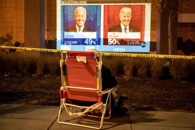 A person watches a screen showing early voting results at Black Lives Matter Plaza on  in Washington DC.  AFP