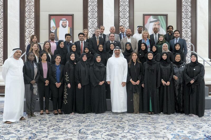 ABU DHABI, UNITED ARAB EMIRATES - May 14, 2019: HH Sheikh Mohamed bin Zayed Al Nahyan, Crown Prince of Abu Dhabi and Deputy Supreme Commander of the UAE Armed Forces (front row 6th R), stands for a photograph with doctors who volunteered at the Special Olympics World Games Abu Dhabi 2019, during an iftar reception, at Al Bateen Palace.

( Rashed Al Mansoori / Ministry of Presidential Affairs )
---