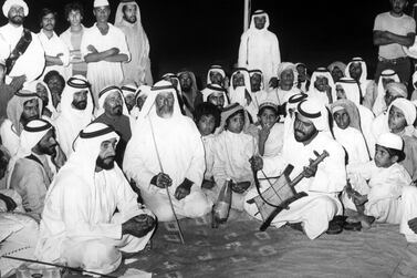 Sheikh Zayed Bin Sultan Al Nahyan meeting citizens in Ghayathi, 1976 National Archives images supplied by the Ministry of Presidential Affairs to mark the 50th anniverary of Sheikh Zayed Bin Sultan Al Nahyan becoming the Ruler of Abu Dhabi.