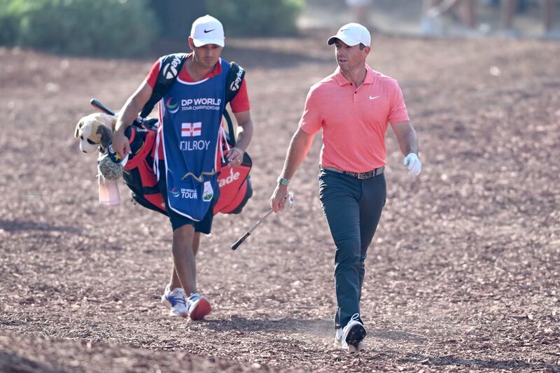 Rory McIlroy after playing his tee shot on the 13th hole. Getty