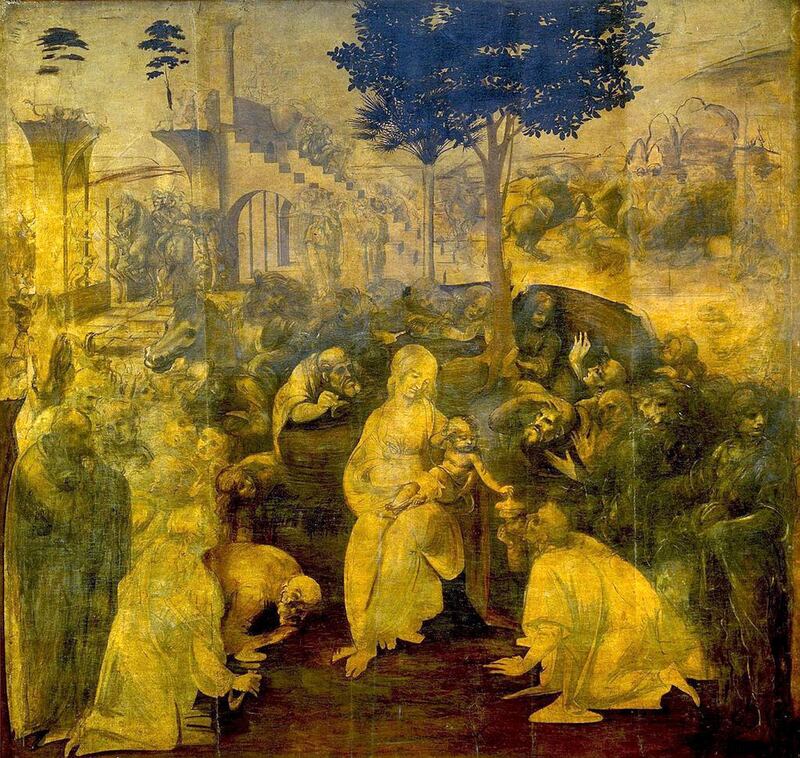 'Adoration of the Magi' (1481). The unfinished painting depicts Virgin Mary and child in the foreground with the Magi kneeling nearby in adoration. The oil-on-wood painting has been housed at the Uffizi Gallery in Florence since 1670