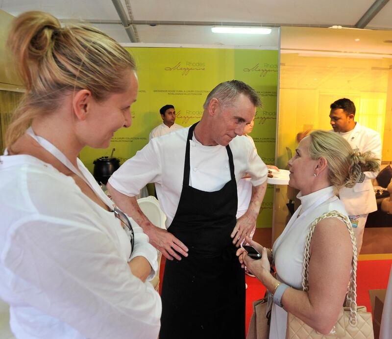 Gary Rhodes takes sometime from the kitchen to meet with vistors to his booth at theTaste of Dubai at Media City on Friday, March 15, 2013 in Dubai United Arab Emirates. Photo: Charles Crowell for The National