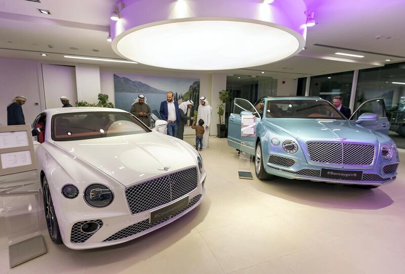 Abu Dhabi, United Arab Emirates - Reporter: Simon Wilgress-Pipe: A Bentley Continental GT and Bentayga V8. The opening of the new Bentley Emirates showroom. Tuesday, January 21st, 2020. Abu Dhabi. Chris Whiteoak / The National