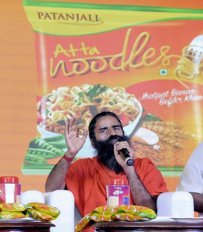 Baba Ramdev launches the Patanjali Atta Noodles brand in November in New Delhi. Vipin Kumar / Hindustan Times via Getty Images