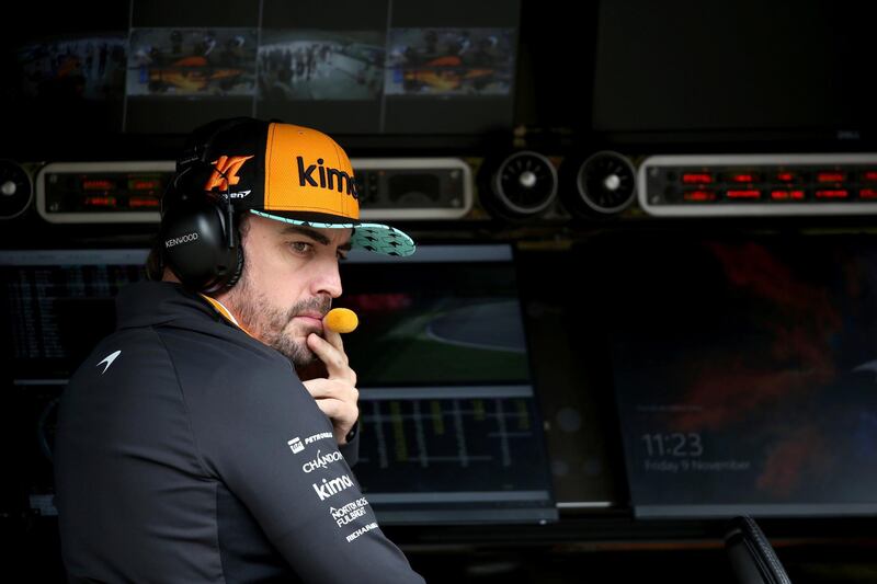 SAO PAULO, BRAZIL - NOVEMBER 09:  Fernando Alonso of Spain and McLaren F1 looks on from the pitwall during practice for the Formula One Grand Prix of Brazil at Autodromo Jose Carlos Pace on November 9, 2018 in Sao Paulo, Brazil.  (Photo by Charles Coates/Getty Images)