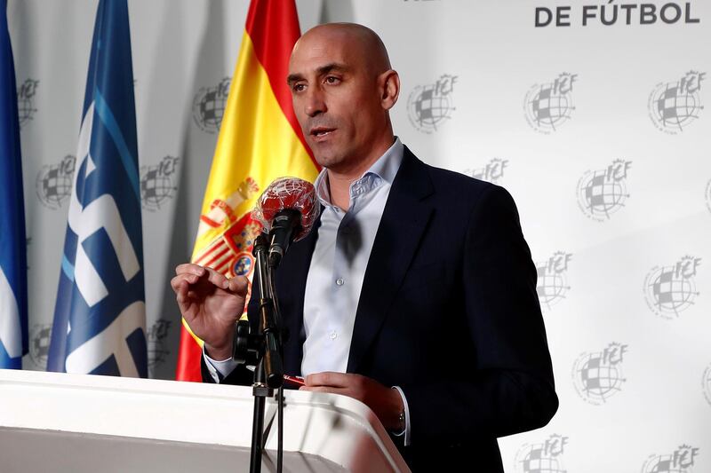 epa08302717 A handout photo made available by the Spanish Soccer Federation (RFEF) shows RFEF president Luis Rubiales speaks during a press conference, where the federation offered the use of it's facilities to the state to combat the coronavirus spread, in Madrid, 18 March 2020. The RFEF also announced that the smallest clubs with less economic resources will have their money guaranteed.  EPA/SPANISH SOCCER FEDERATION / HANDOUT EDITORIAL USE ONLY HANDOUT EDITORIAL USE ONLY/NO SALES