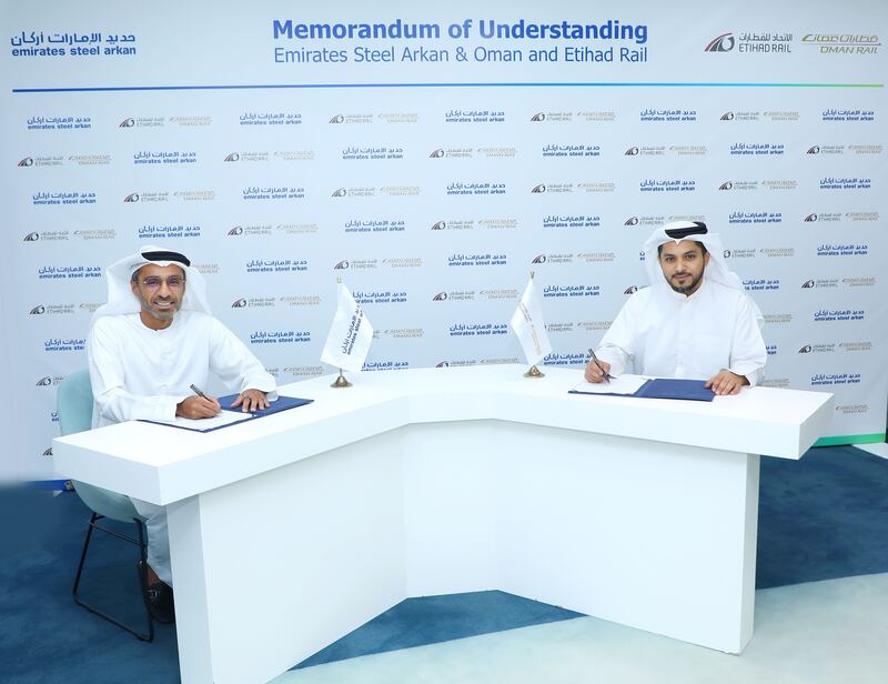 Saeed Khalfan Al Ghafri, left, chief executive of Emirates Steel, and Ahmed Al Musawa Al Hashemi, chief executive of Oman and Etihad Rail Company. Photo: OER