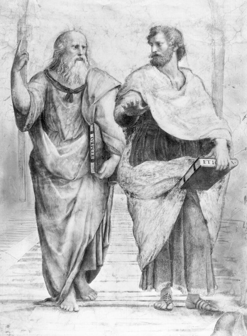 350 BC, Greek philosopher Plato Aristocles (427 - 347 BC) with the philosopher and scientist Aristotle (384 - 322 BC). Original Publication: From Raphael: School of Athens - Vatican Stanzae (Photo by Picture Post/Getty Images)