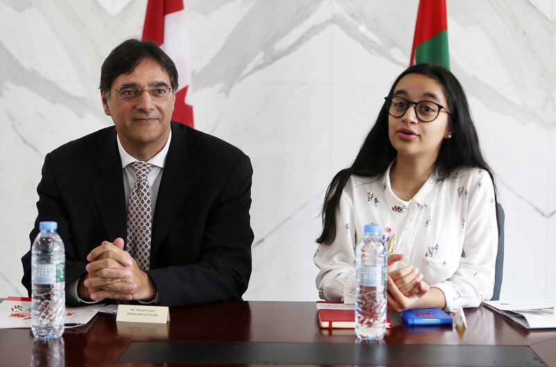 ABU DHABI , UNITED ARAB EMIRATES , JULY 17 – 2017 :- Left to Right – Masud Husain , Ambassador of Canada and Alia Al Mansoori , UAE Genes in Space winner 2017 during the meeting to discuss  Alia Al Mansoori’s upcoming trip to North America and Montreal , Canada for higher education at Canadian Embassy in Abu Dhabi Trade Towers in Abu Dhabi. (Pawan Singh / The National) Story by Caline Malek