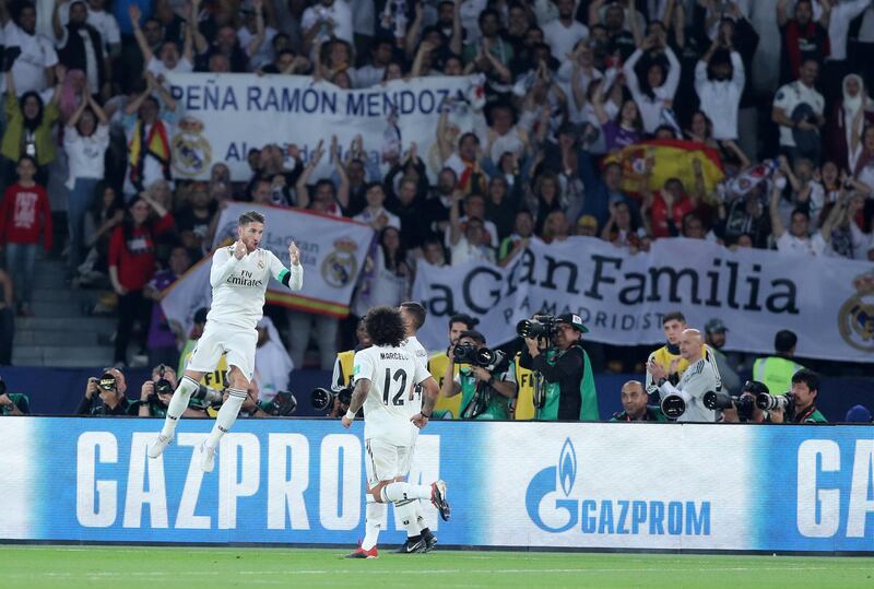 Abu Dhabi, United Arab Emirates - December 22, 2018: Sergio Ramos of Real Madrid celebrates his goal during the match between Real Madrid and Al Ain at the Fifa Club World Cup final. Saturday the 22nd of December 2018 at the Zayed Sports City Stadium, Abu Dhabi. Chris Whiteoak / The National
