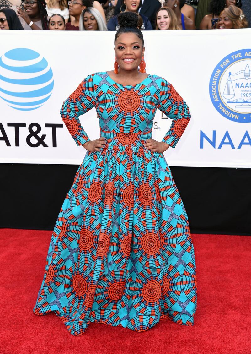 We adore Community star Yvette Nicole Brown, and we're also huge fans of this aqua and blood orange gown by Toronto-based label Ofuure. AP / Richard Shotwell