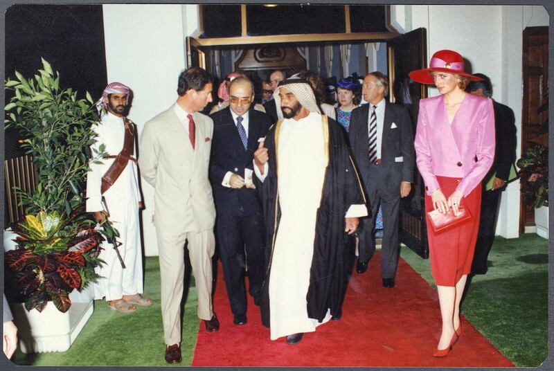 The UAE Founding Father, the late Sheikh Zayed bin Sultan Al Nayan, with Prince Charles, Diana, and Zaki Nusseibeh in Abu Dhabi on the royals' first UAE trip in 1989. Photo: Zaki Nusseibeh / The Akkasah Centre for Photography