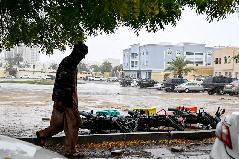 Parked motorcycles knocked down by powerful gusts in Sharjah. Ahmed Ramzan for The National