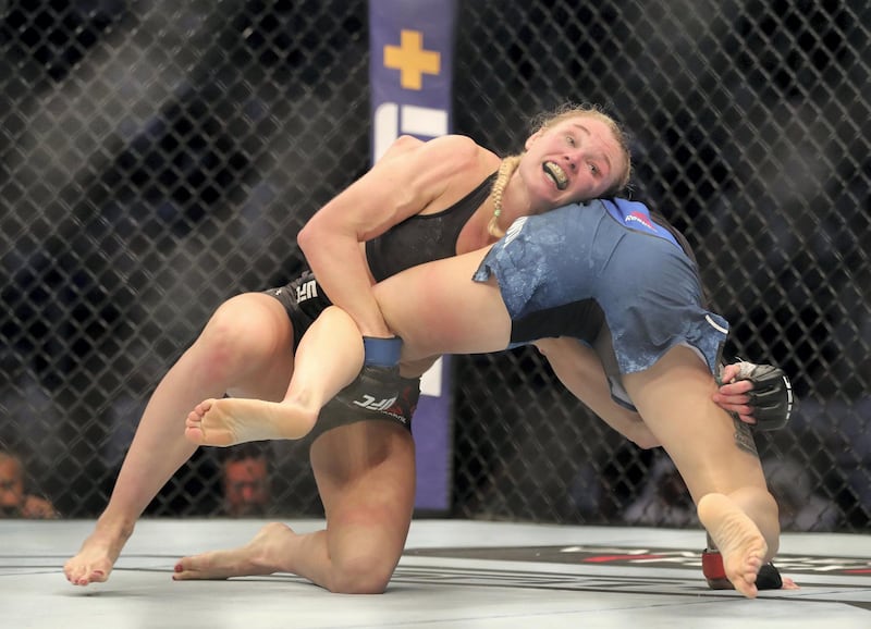 Abu Dhabi, United Arab Emirates - September 07, 2019: Women's Flyweight bout between Joanne Calderwood (blue shorts, winner) and Andrea Lee in the Prelims at UFC 242. Saturday the 7th of September 2019. Yas Island, Abu Dhabi. Chris Whiteoak / The National
