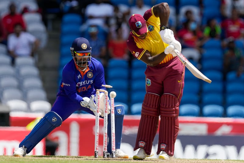 West Indies' Rovman Powell is bowled by India leg-spinner Ravi Bishnoi. AP