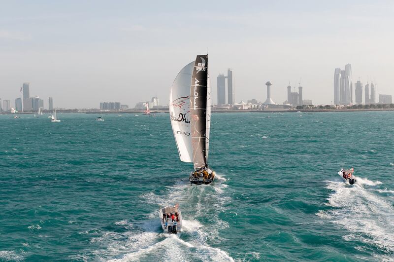 Abu Dhabi Ocean Racing, skippered by Ian Walker from the UK at the finish of leg 2 of the Volvo Ocean Race 2011-12, from Cape Town, South Africa to Abu Dhabi, UAE. (Photo Credit Must Read: PAUL TODD/Volvo Ocean Race)