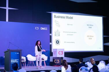 Elgorithm co-founder Luma Makari presents her ideas during pitch day of the DMCC Impact Scale-Up Programme – powered by C3m on March 16, 2023. Photo: C3