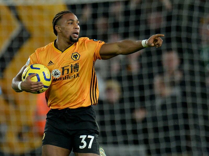 Adama Traore after pulling a goal back for Wolves. EPA