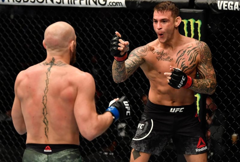 Dustin Poirier points at Conor McGregor during the fight. Jeff Bottari/Zuffa LLC
