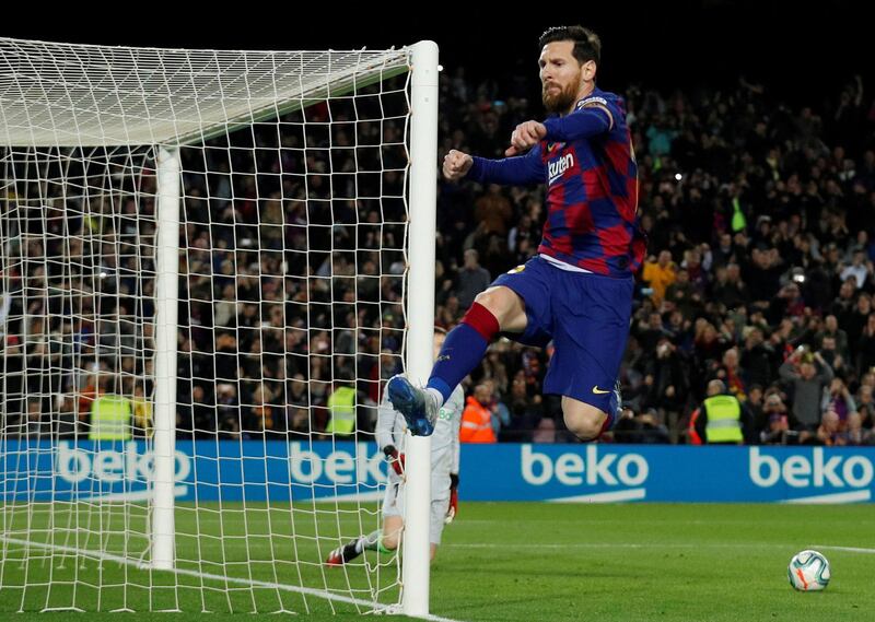 Barcelona's Lionel Messi celebrates scoring against Real Sociedad at the Camp Nou. Reuters