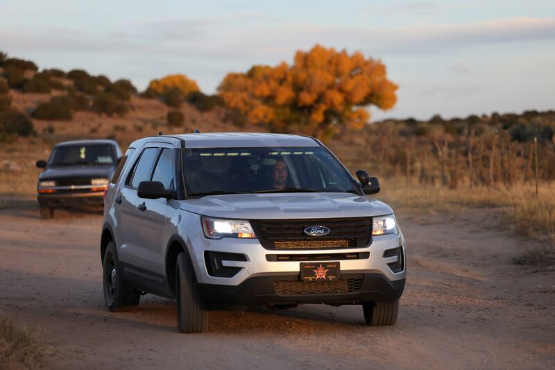 A vehicle from the Santa Fe County Sheriff's Office exiting the set of 'Rust'. Reuters