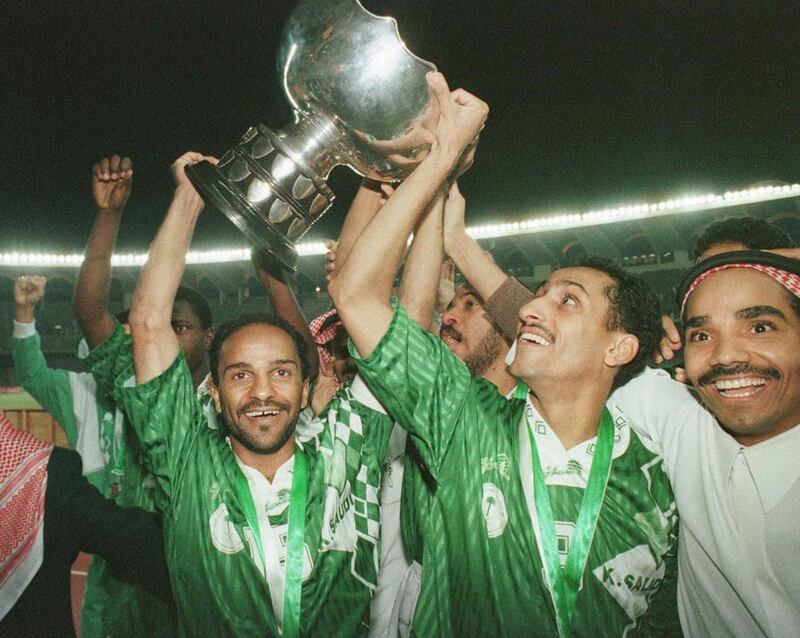 Members of the Saudi Arabian football team celebrate their victory over the UAE in 1996 at Shiekh Zayed Stadium in Abu Dhabi. AP Photo