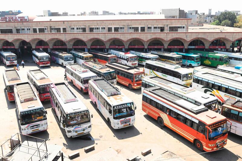 Parked buses are pictured following the Punjab state government announcement to suspend public transport services amid concerns over the spread of the Covid-19 novel coronavirus, at a bus stand in Amritsar.  AFP