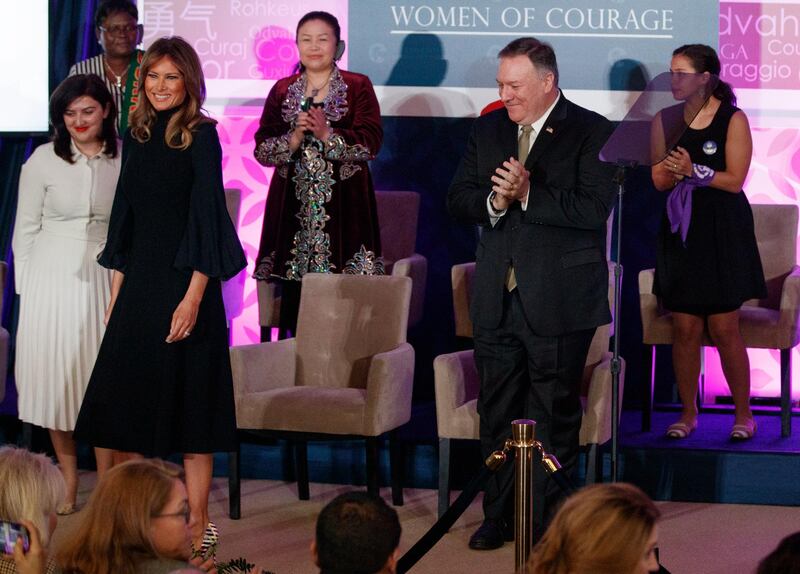 US First Lady Melania Trump arrives for the 2020 International Women of Courage Awards Ceremony at the State Department in Washington.  AP