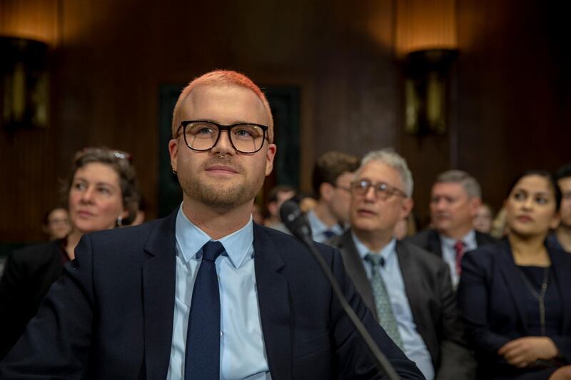 epa06741992 Cambridge Analytica Whistleblower Christopher Wylie before he testifies to Senate Judiciary Committee on Capitol Hill in Washington, DC, USA, 16 May 2018. Wylie was asked by the committee about his former employer's work with Russia and the Trump campaign during the past elections.  EPA/TASOS KATOPODIS