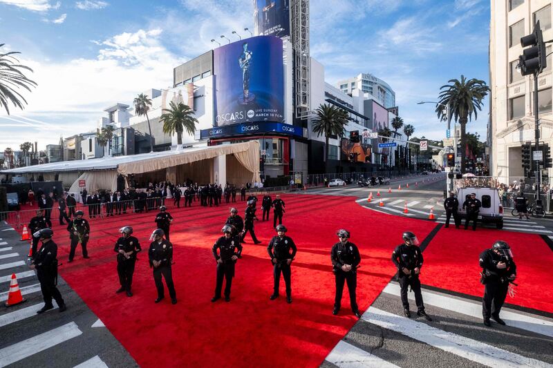 Police patrol the red carpet area after pro-Palestinian demonstrations near the Dolby Theatre during the Oscars ceremony in Hollywood. AFP