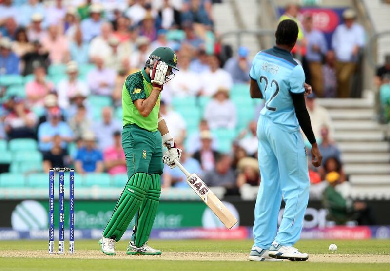 South Africa's Hashim Amla reacts after being struck in the head by a delivery from England's Jofra Archer during the ICC Cricket World Cup group stage match at The Oval, London. PRESS ASSOCIATION Photo. Picture date: Thursday May 30, 2019. See PA story CRICKET England. Photo credit should read: Nigel French/PA Wire. RESTRICTIONS: Editorial use only. No commercial use. Still image use only.