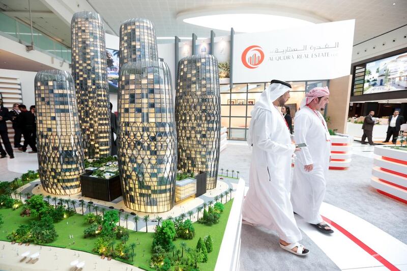 Al Qudra last year launched Al Sadu Towers – a five-tower luxury apartment project offering 1,300 apartments close to the Shams Abu Dhabi complex in Reem Island. Above, a scaled version of the project at Cityscape Dhabi last year. Christopher Pike / The National